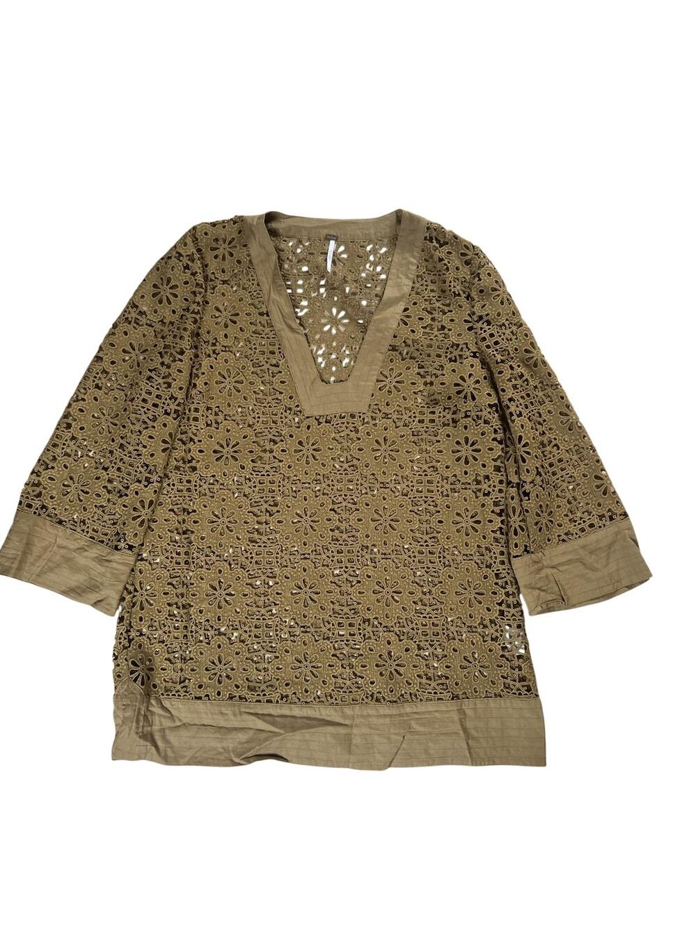 Free People Tunic Womens M Green Crochet V-Neck 3/4 Sleeve Lightweight Casual